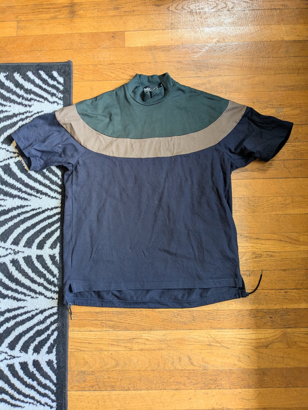 Kolor Navy, Tan, And Green Color Lock Mock Neck Shirt With Drawstring
